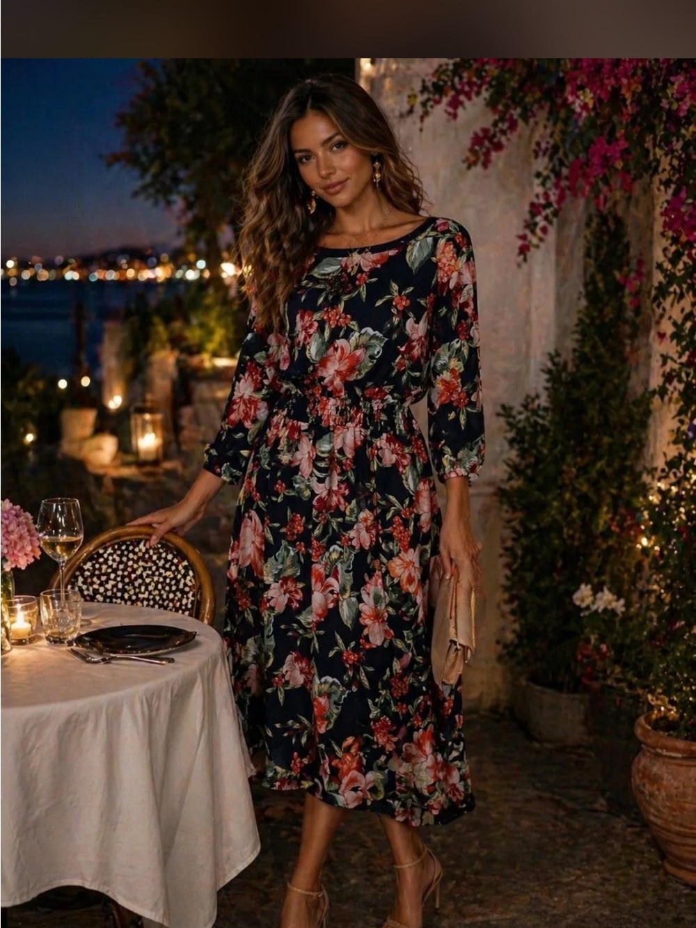 Navy Floral Midi Dress with 3/4 Sleeves